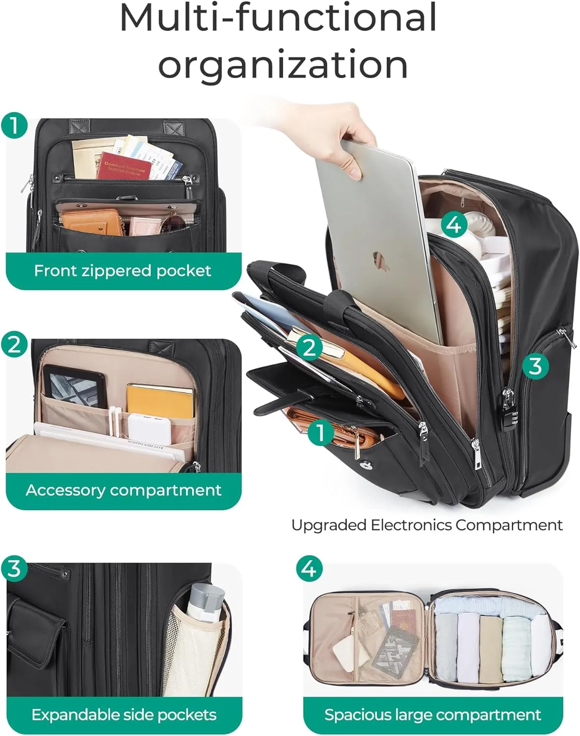 BAGSMART Carry on Luggage with Wheels, 16-inch Underseat Travel Suitcase Airline approved, Lightweight Softside Carry-on Luggage for Airplanes Women Overnight Rolling Bags for Short Trip, Black