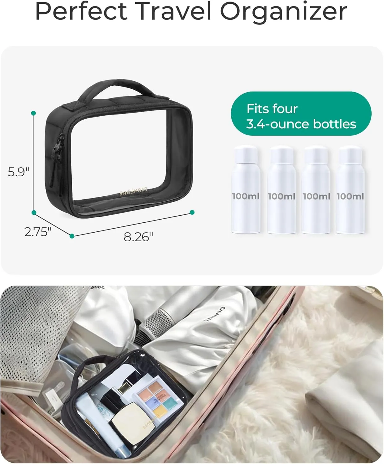 BAGSMART Clear TSA-Approved Toiletry Bag, 2 Pack Clear Makeup Bag with Handle, Quart Sized Travel Toiletry Organizer for Women
