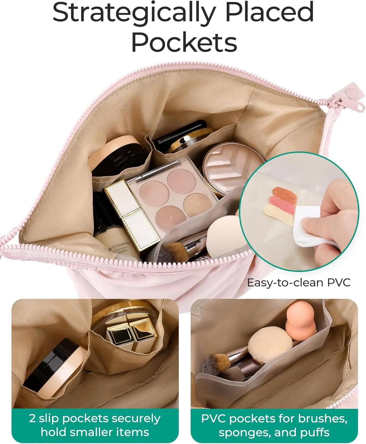 BAGSMART Makeup Bag Travel Makeup Bag, Cute Make Up Bag, Large Capacity Cosmetic Bags for Women, Wide-open Makeup Pouch Travel Essentials Toiletries Accessories Brushes (beige)