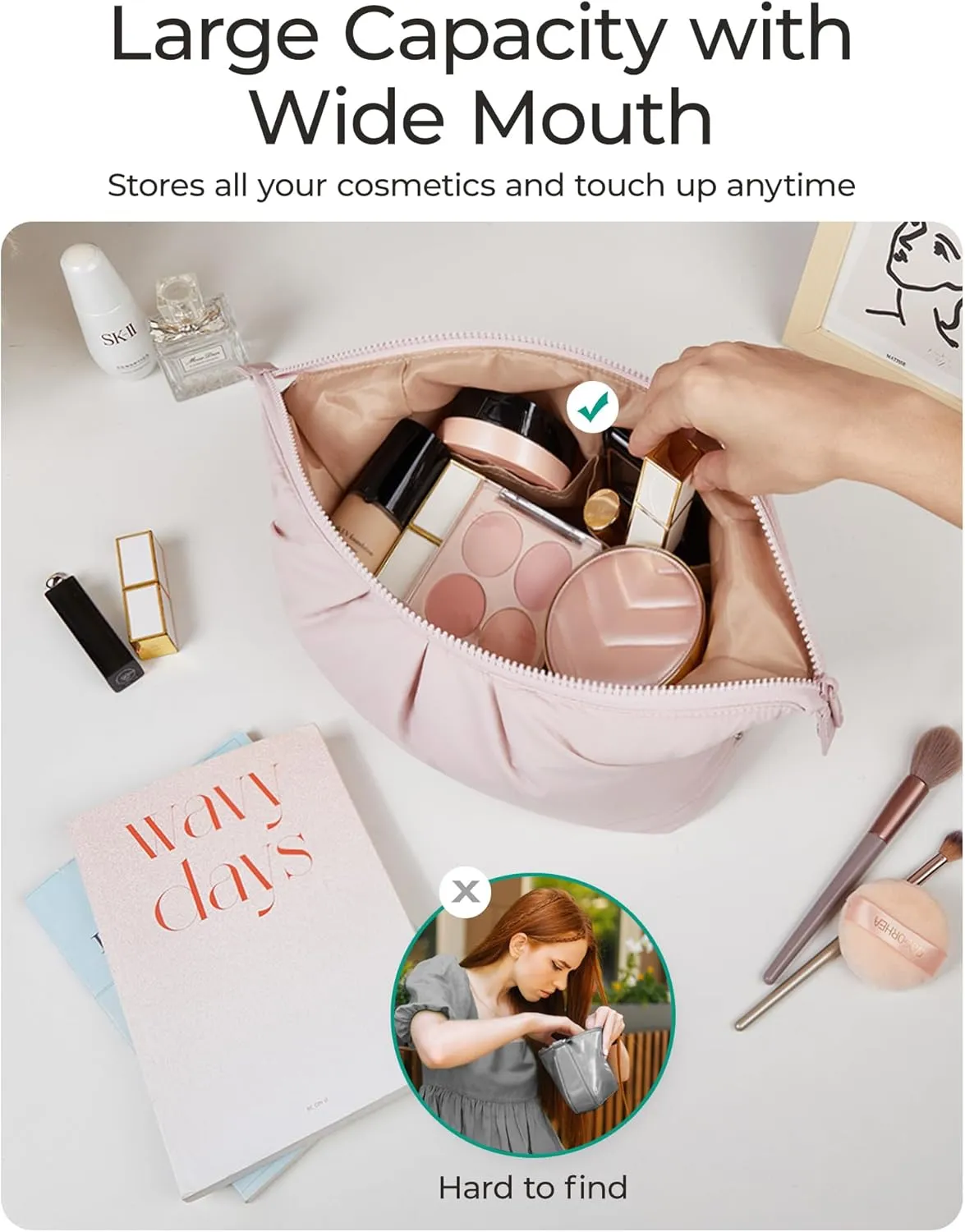 BAGSMART Makeup Bag Travel Makeup Bag, Cute Make Up Bag, Large Capacity Cosmetic Bags for Women, Wide-open Makeup Pouch Travel Essentials Toiletries Accessories Brushes (beige)
