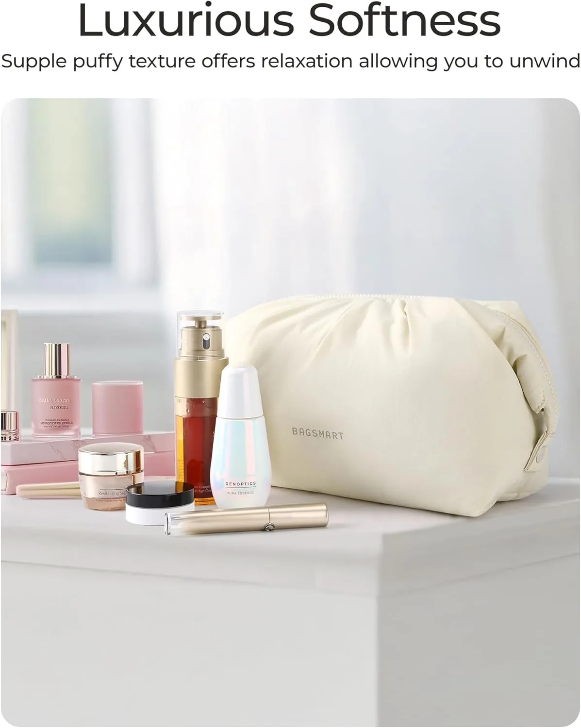 BAGSMART Makeup Bag Travel Makeup Bag, Cute Make Up Bag, Large Capacity Cosmetic Bags for Women, Wide-open Makeup Pouch Travel Essentials Toiletries Accessories Brushes (beige)