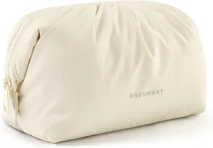 BAGSMART Makeup Bag Travel Makeup Bag, Cute Make Up Bag, Large Capacity Cosmetic Bags for Women, Wide-open Makeup Pouch Travel Essentials Toiletries Accessories Brushes (beige)