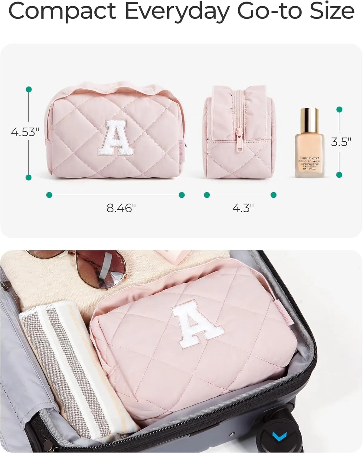 BAGSMART Small Makeup Bag, Travel Personalized Initial Cosmetic Bags for Women, Pink Makeup Pouch, Make up Organizer Case, Puffy Pouch Purse, Travel Essentials, Toiletries Accessories Brushes(E, Pink)