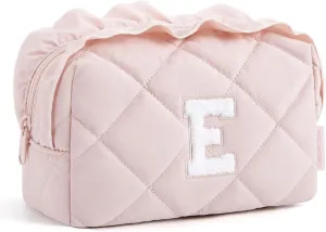 BAGSMART Small Makeup Bag, Travel Personalized Initial Cosmetic Bags for Women, Pink Makeup Pouch, Make up Organizer Case, Puffy Pouch Purse, Travel Essentials, Toiletries Accessories Brushes(E, Pink)
