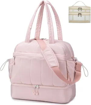 BAGZY Travel Duffel Bag for Women, Lightweight Puffer Gym Bag with Shoe Compartment and Wet Pocket Large for Hospital Weekender Carry on Overnight Bag with Toiletry 32L Pink