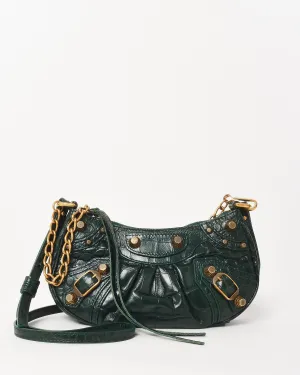 Balenciaga Green Croc Embossed Leather Le Cagole Mini Bag with Chain and Strap