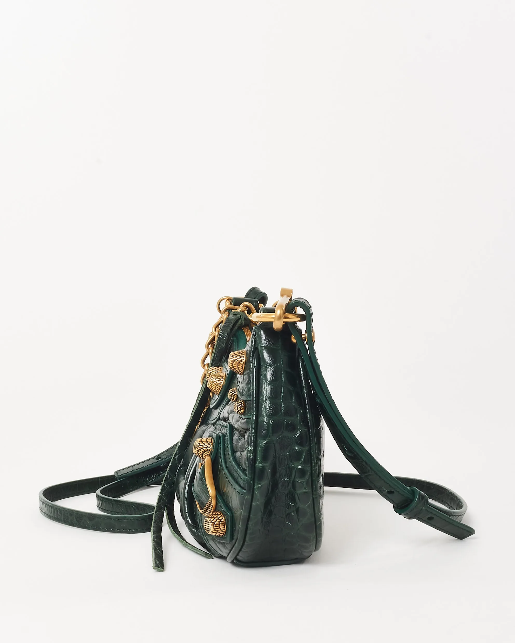 Balenciaga Green Croc Embossed Leather Le Cagole Mini Bag with Chain and Strap