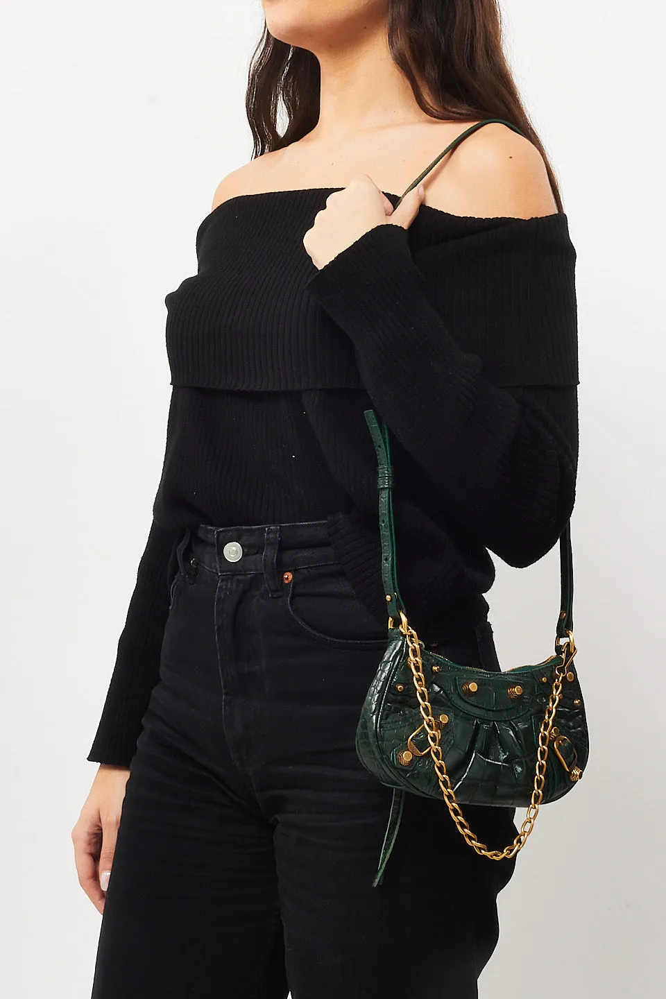 Balenciaga Green Croc Embossed Leather Le Cagole Mini Bag with Chain and Strap
