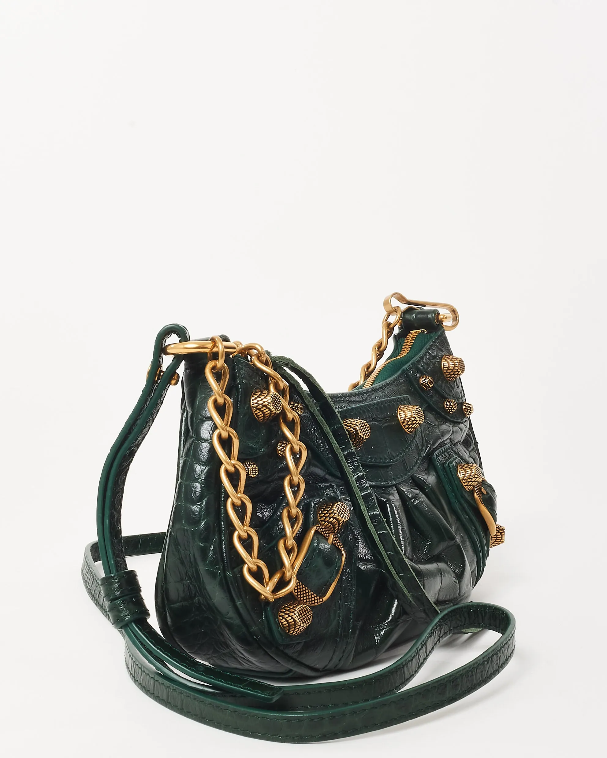 Balenciaga Green Croc Embossed Leather Le Cagole Mini Bag with Chain and Strap