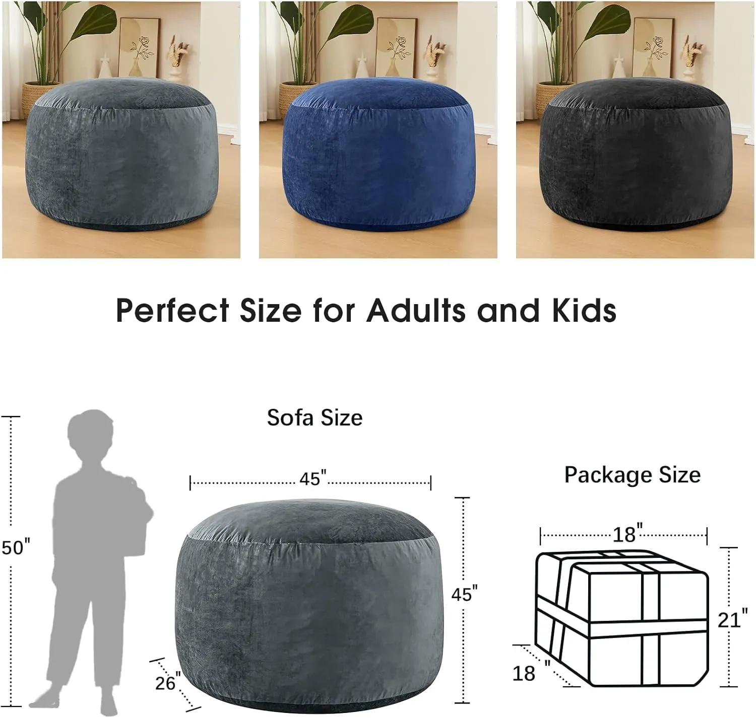 Bean Bag Chairs for Adults - Memory Foam Furniture BeanBag Chair - Kids/Teens Sofa with Soft Micro Fiber Cover - Round Fluffy Couch for Living Room Bedroom College Dorm - 4 ft, Grey
