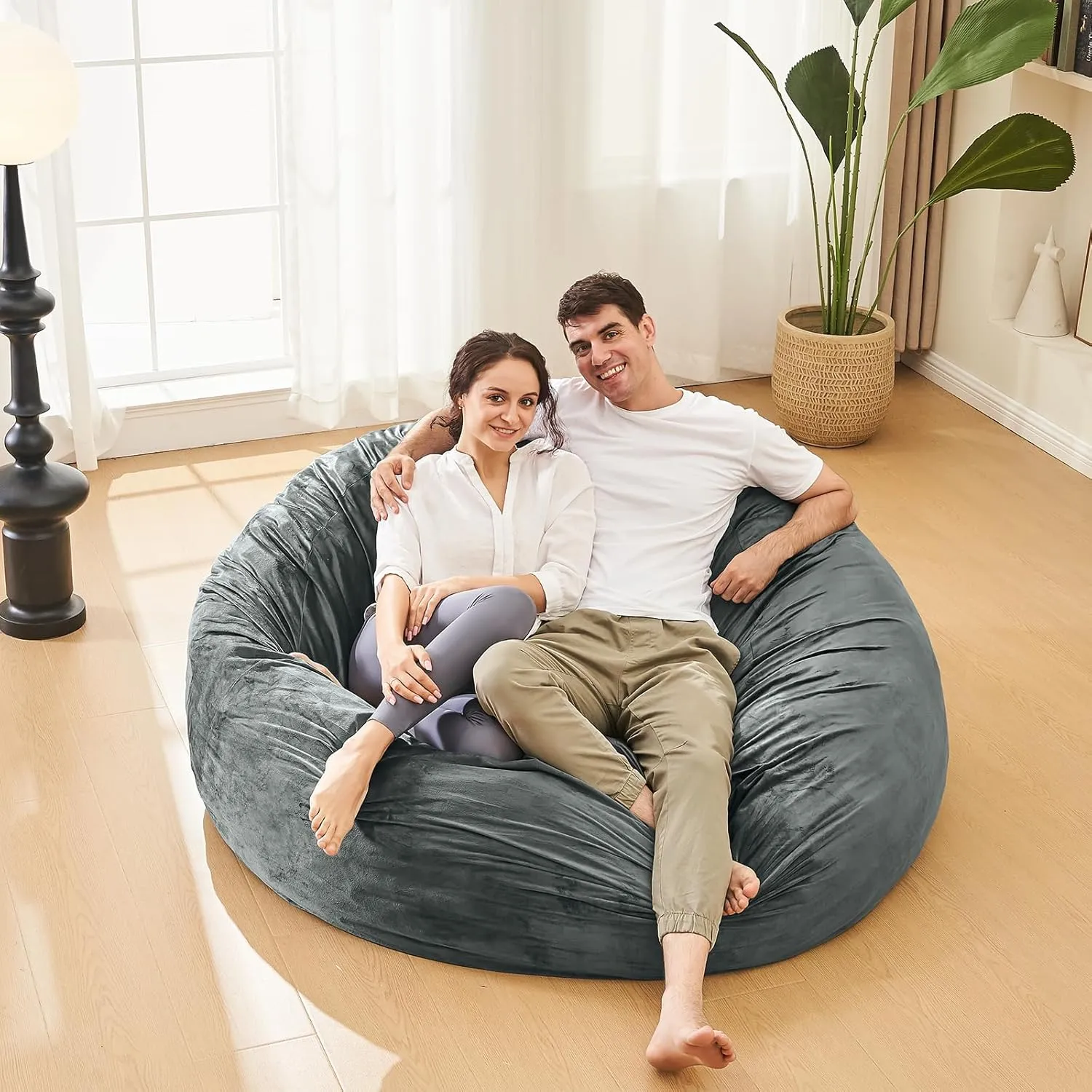Bean Bag Chairs for Adults - Memory Foam Furniture BeanBag Chair - Kids/Teens Sofa with Soft Micro Fiber Cover - Round Fluffy Couch for Living Room Bedroom College Dorm - 4 ft, Grey