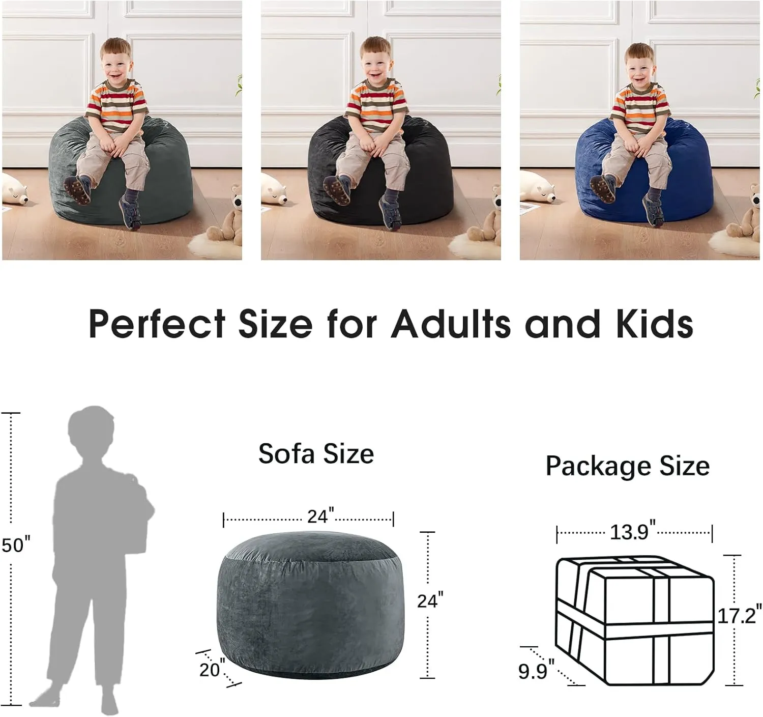 Bean Bag Chairs for Kids - Memory Foam Furniture BeanBag Chair - Kids/Teens Sofa with Soft Micro Fiber Cover - Round Fluffy Couch for Living Room Bedroom College Dorm - 2 ft, Grey