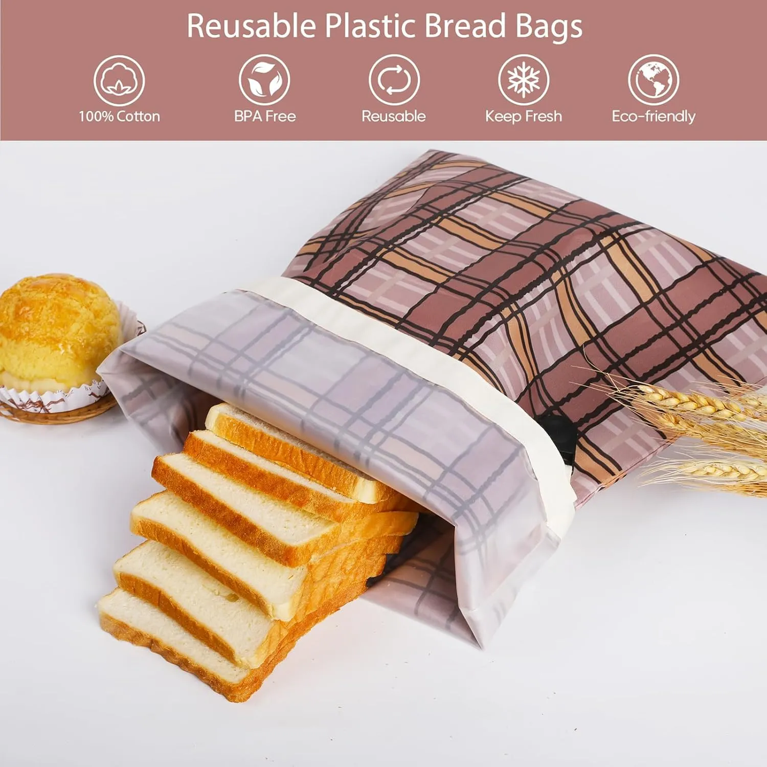 Beeswax Bread Bags for Homemade Sourdough Bread Baking Supplies Cotton Clover Printed Reusable Food Storage Bag Keep Fresh Naturally Pink, Pack of 2 (Brown Grid)