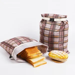 Beeswax Bread Bags for Homemade Sourdough Bread Baking Supplies Cotton Clover Printed Reusable Food Storage Bag Keep Fresh Naturally Pink, Pack of 2 (Brown Grid)
