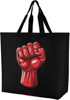 Big Red Raised Fist Salute of Unity Solidarity Resistance Reusable Shopping Bag with Shoulder Straps Portable Collapsible Grocery Tote Bags