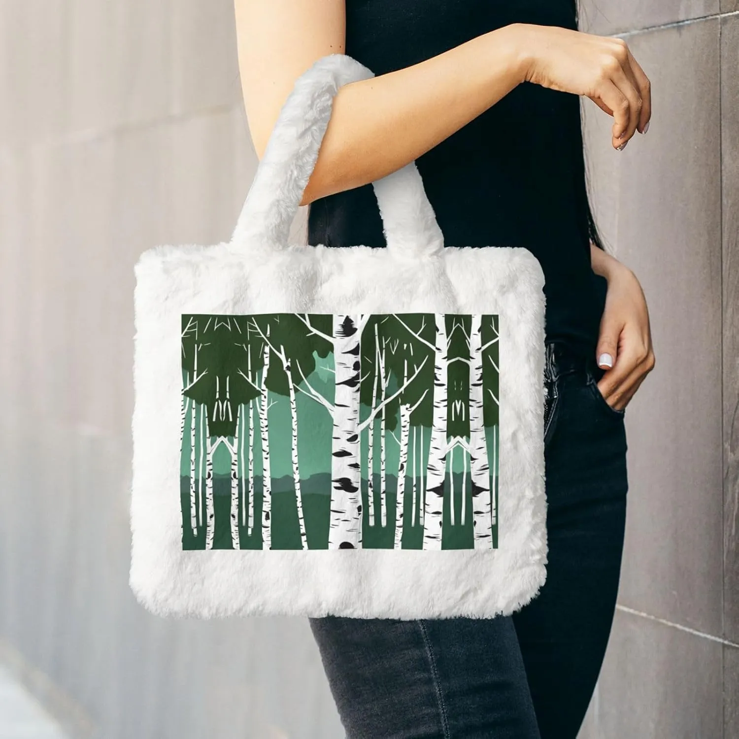 Birch Trees Printing Fluffy Shoulder Bag Ladies Plush Underarm Bag Tote Bag Furry Purse Handbag For Work Travel