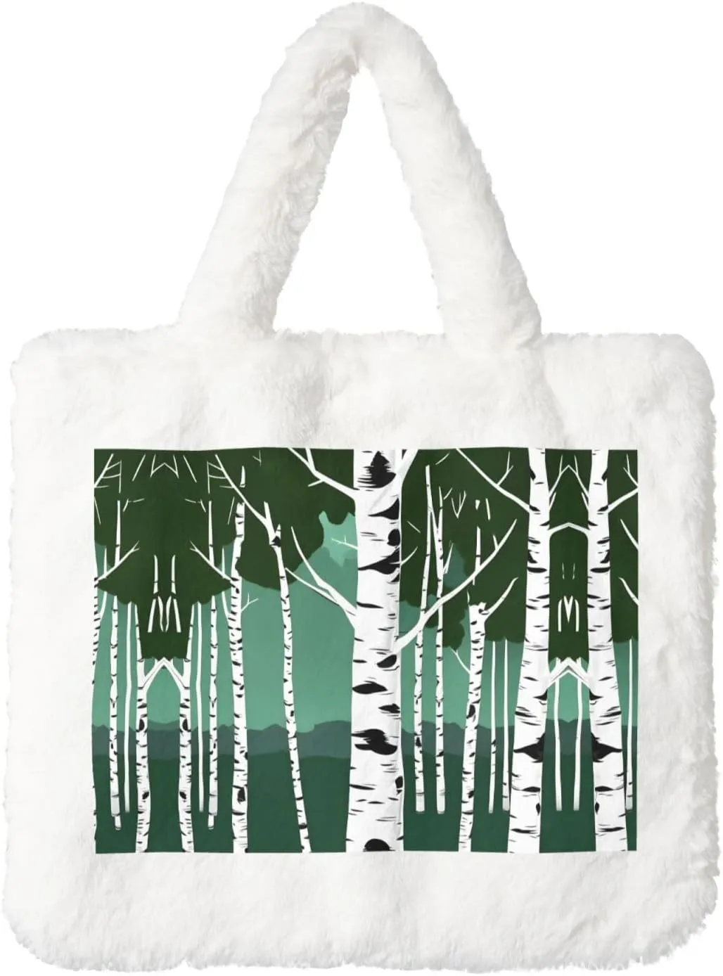 Birch Trees Printing Fluffy Shoulder Bag Ladies Plush Underarm Bag Tote Bag Furry Purse Handbag For Work Travel
