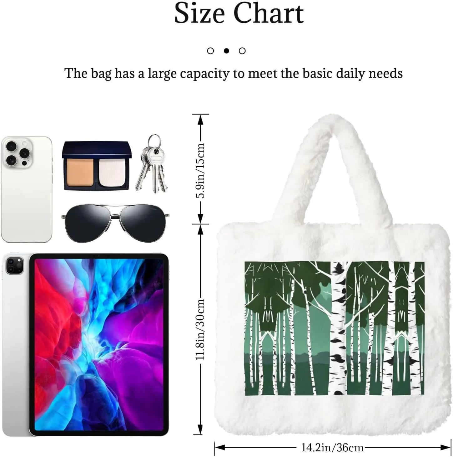 Birch Trees Printing Fluffy Shoulder Bag Ladies Plush Underarm Bag Tote Bag Furry Purse Handbag For Work Travel