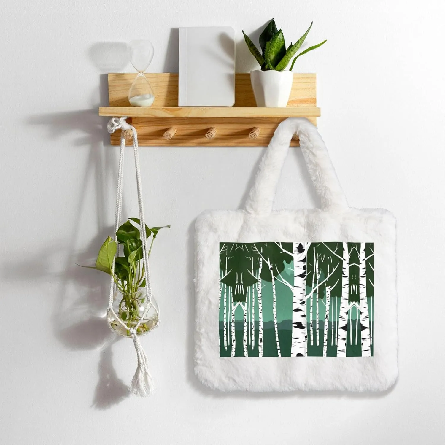 Birch Trees Printing Fluffy Shoulder Bag Ladies Plush Underarm Bag Tote Bag Furry Purse Handbag For Work Travel