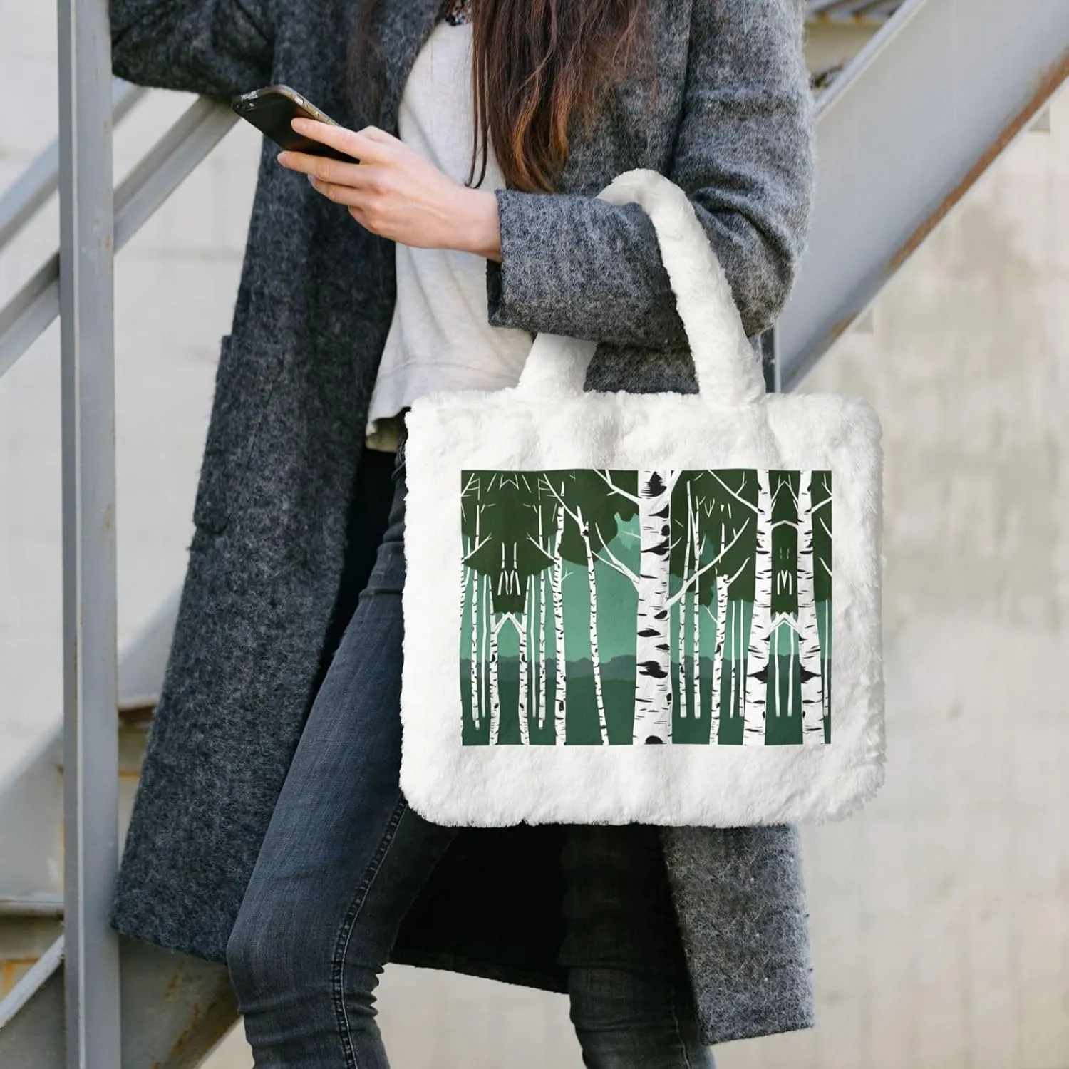 Birch Trees Printing Fluffy Shoulder Bag Ladies Plush Underarm Bag Tote Bag Furry Purse Handbag For Work Travel