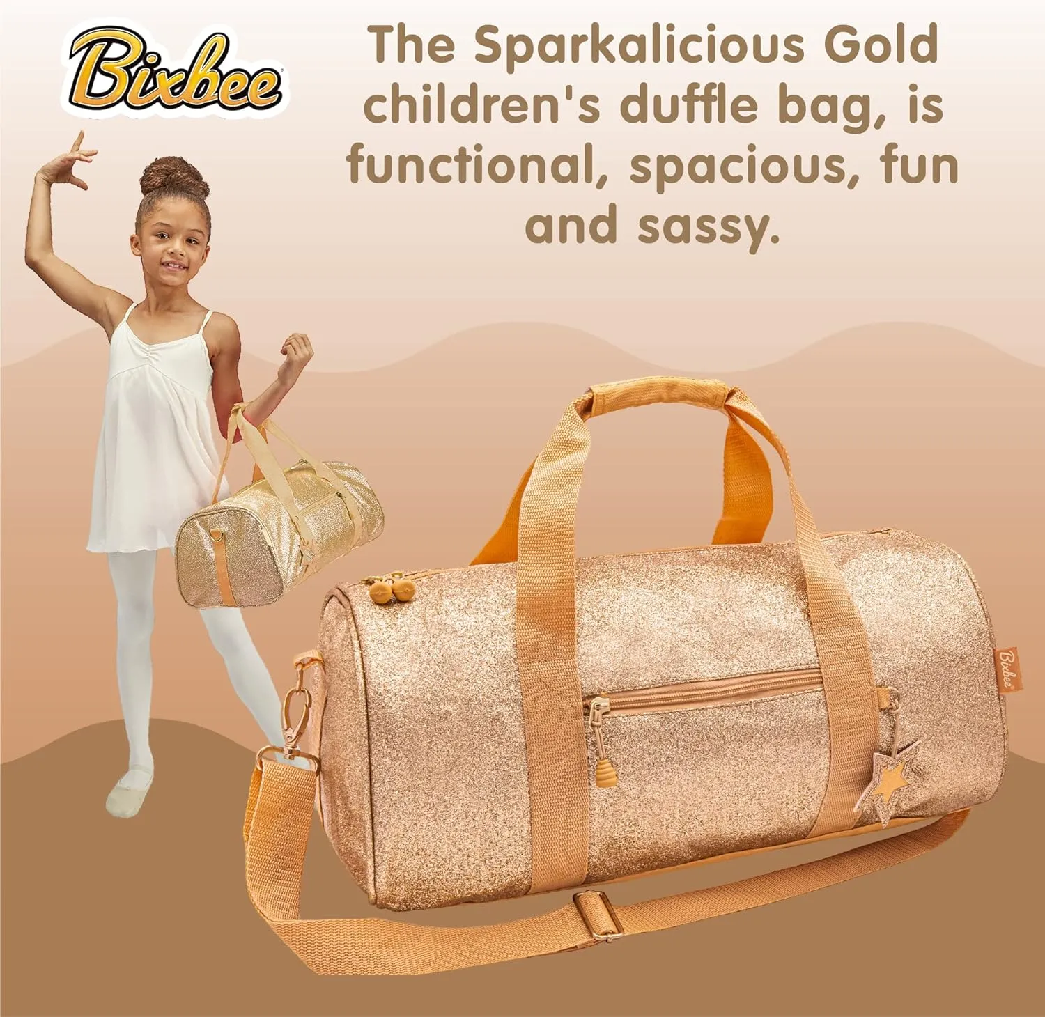 Bixbee Kids Duffle Bag, Dance Bag & Travel Bag for Sports, Gymnastics, Ballet & Overnight with Adjustable Strap, Zippers, Pockets, and Flake-Resistant Glitter - 17 x 9 x 9 IN - Sparkalicious Gold