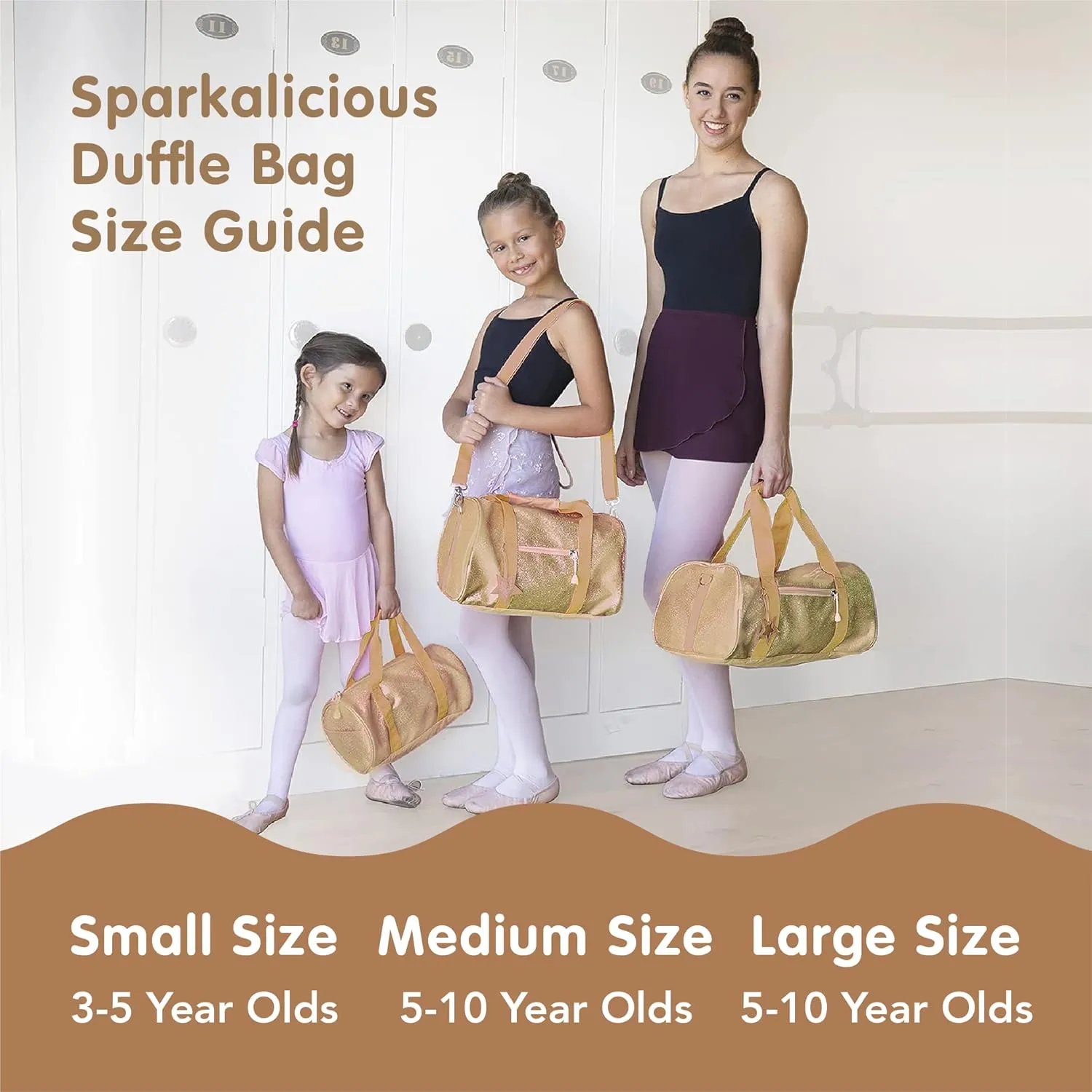 Bixbee Kids Duffle Bag, Dance Bag & Travel Bag for Sports, Gymnastics, Ballet & Overnight with Adjustable Strap, Zippers, Pockets, and Flake-Resistant Glitter - 17 x 9 x 9 IN - Sparkalicious Gold