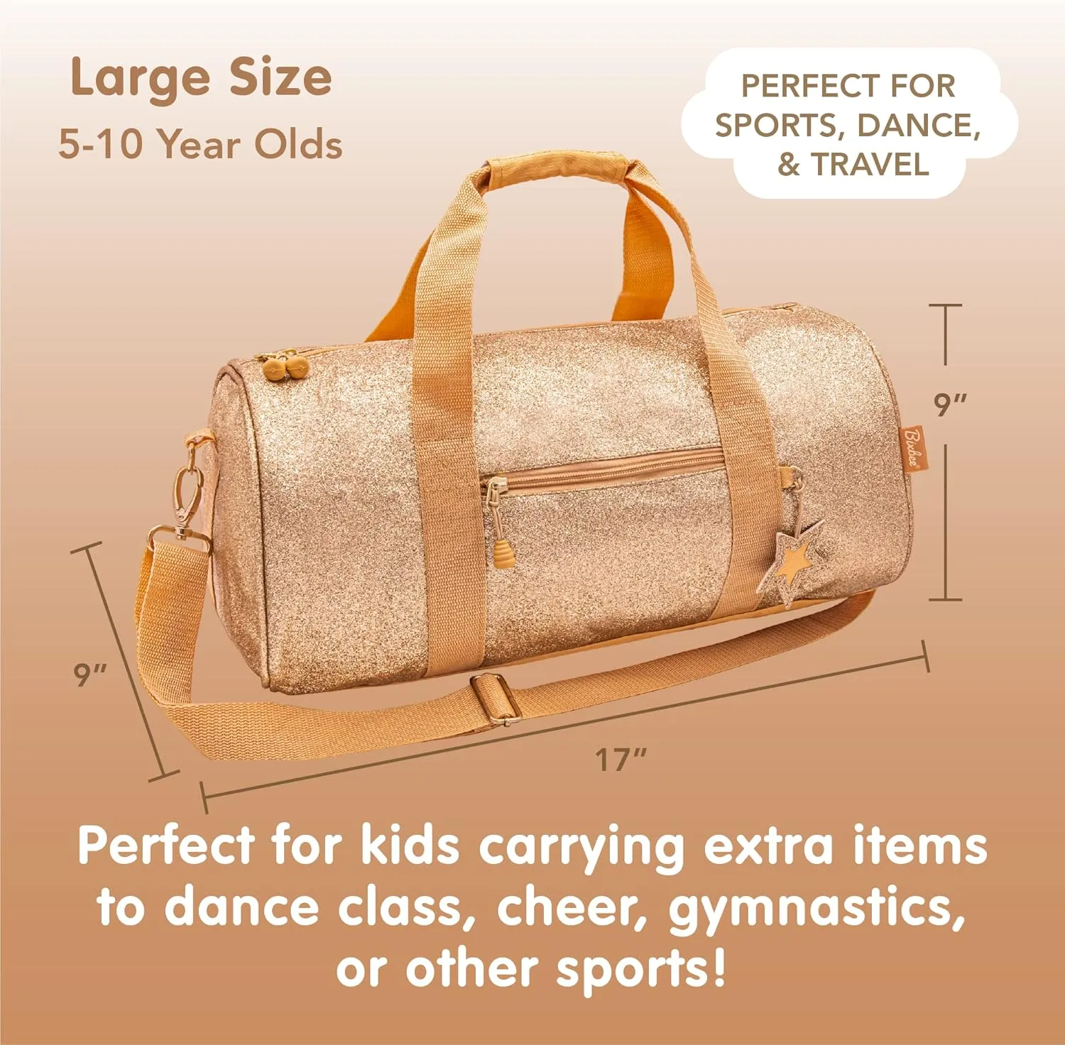 Bixbee Kids Duffle Bag, Dance Bag & Travel Bag for Sports, Gymnastics, Ballet & Overnight with Adjustable Strap, Zippers, Pockets, and Flake-Resistant Glitter - 17 x 9 x 9 IN - Sparkalicious Gold