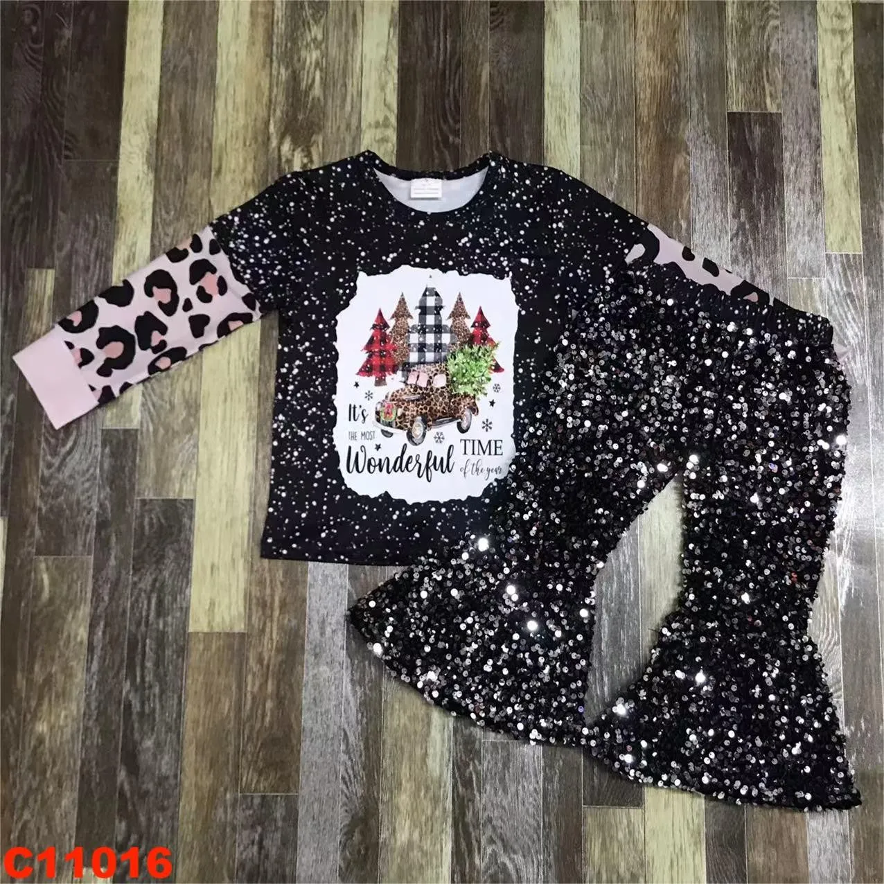 Black Christmas tree truck leopard print sequined long sleeve suit