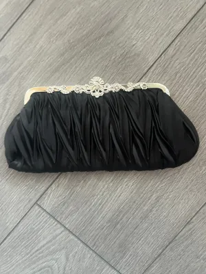 Black Satin Art Deco Detail Clutch Bag