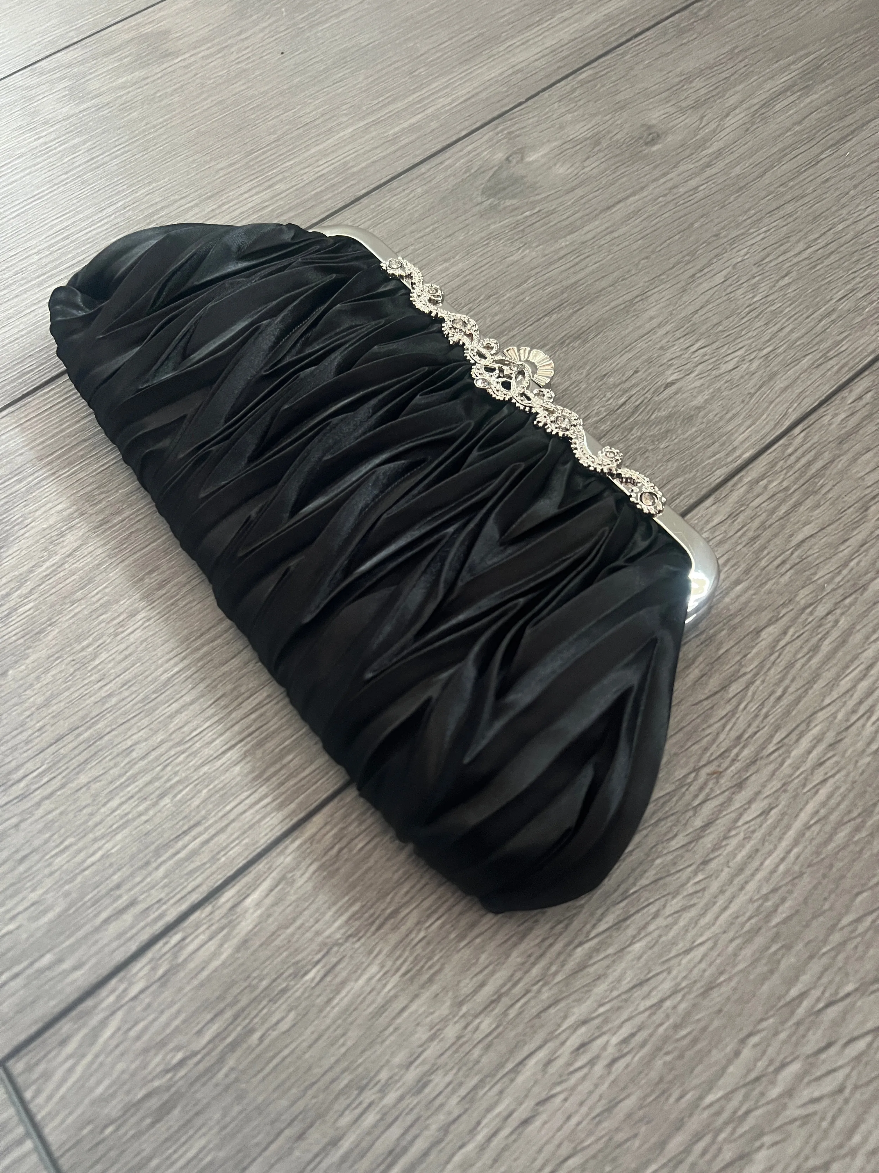 Black Satin Art Deco Detail Clutch Bag
