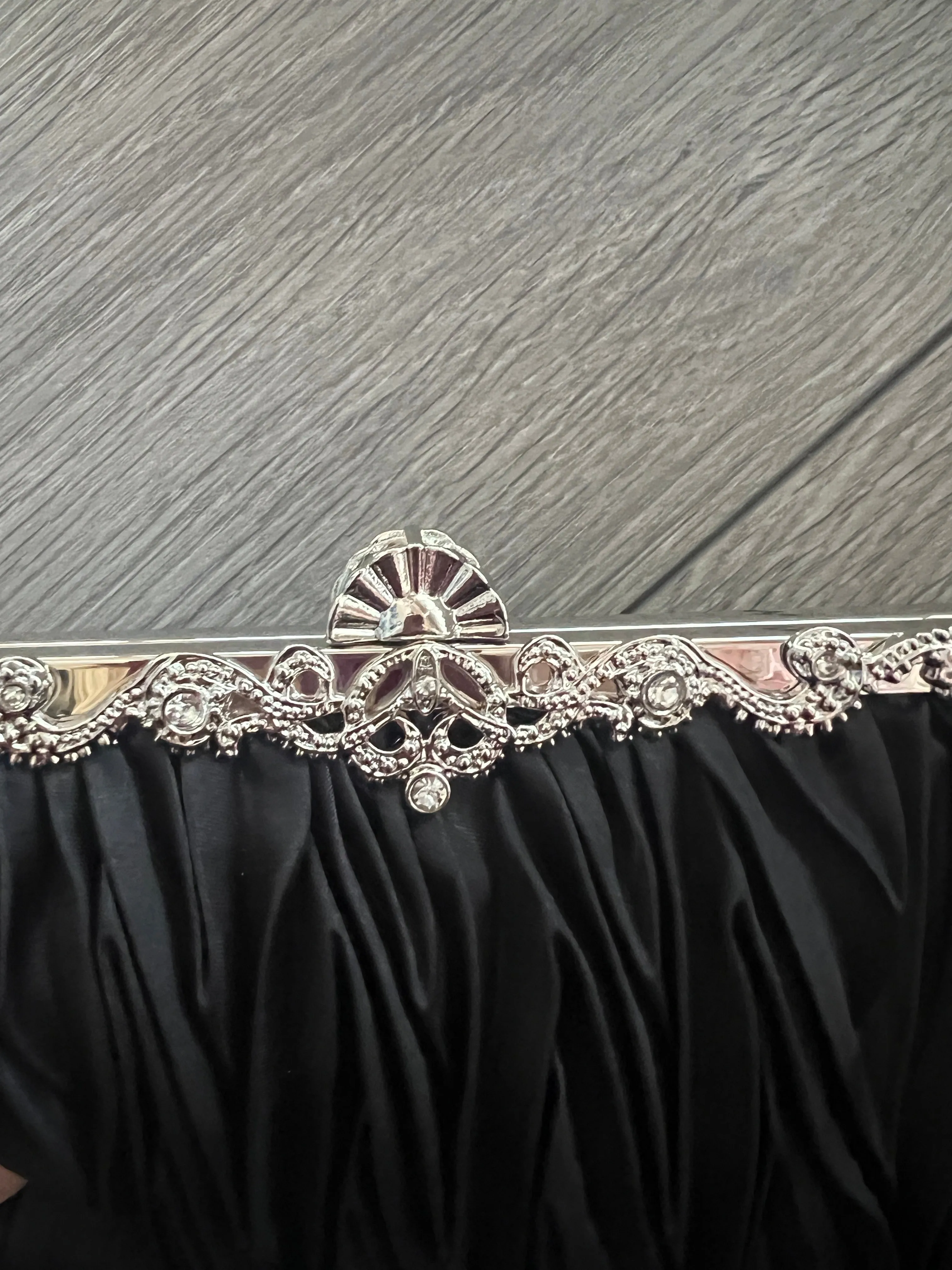 Black Satin Art Deco Detail Clutch Bag