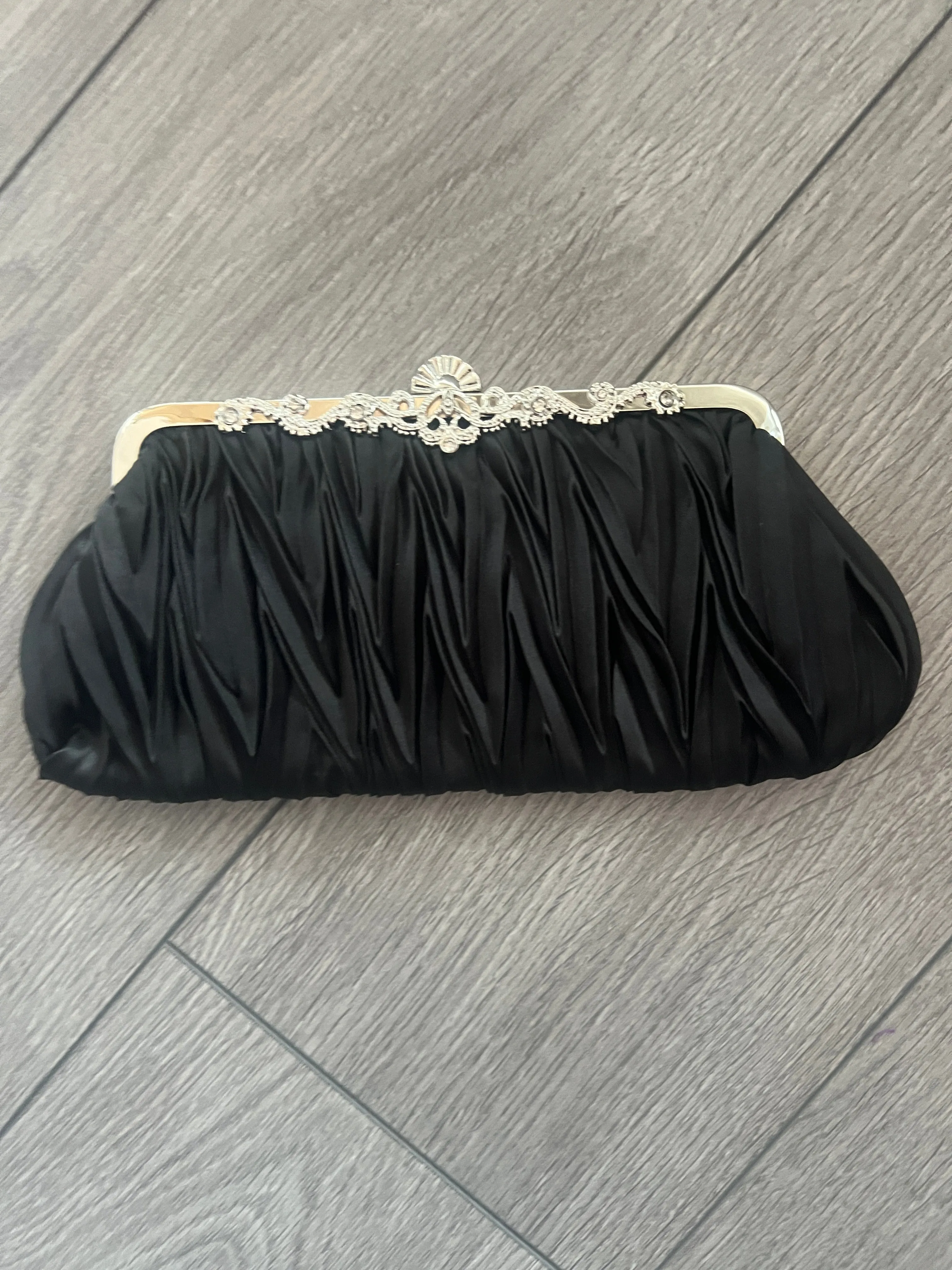 Black Satin Art Deco Detail Clutch Bag