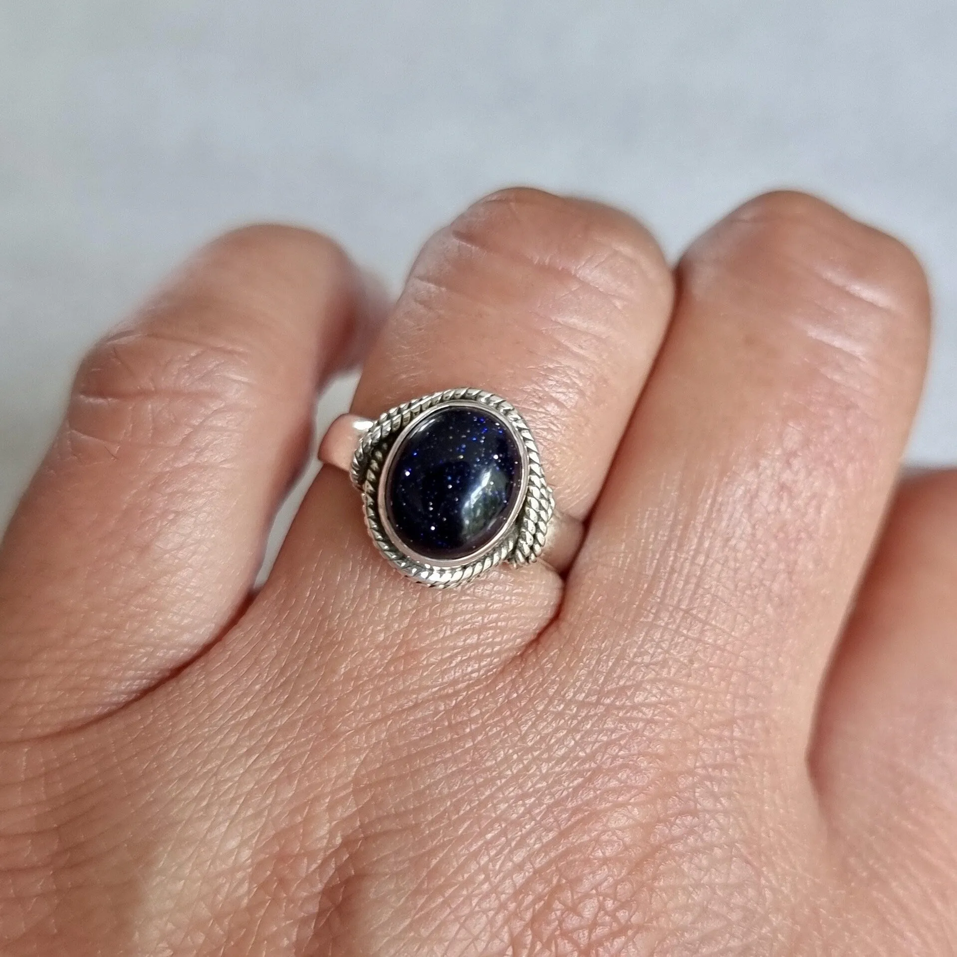 Blue Goldstone Oval Boho 925 Silver Ring, R4BS