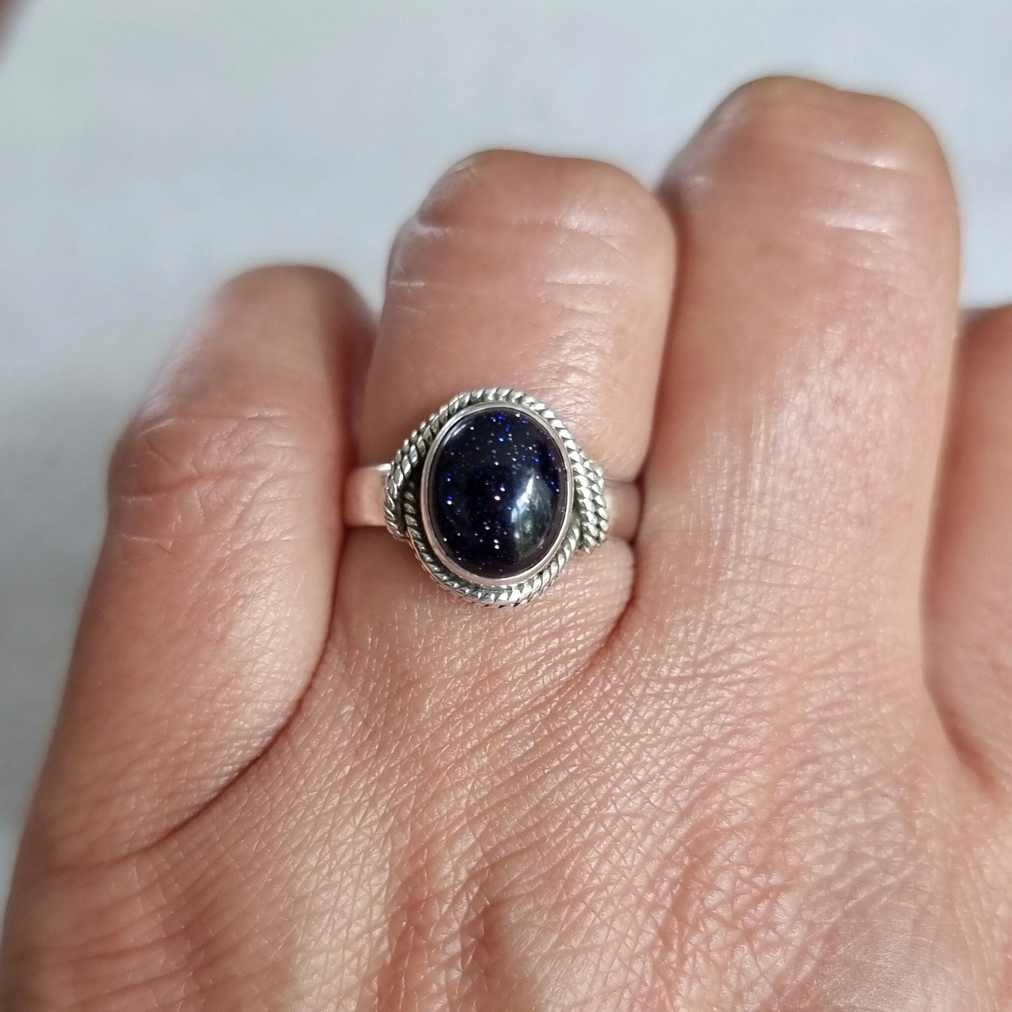 Blue Goldstone Oval Boho 925 Silver Ring, R4BS