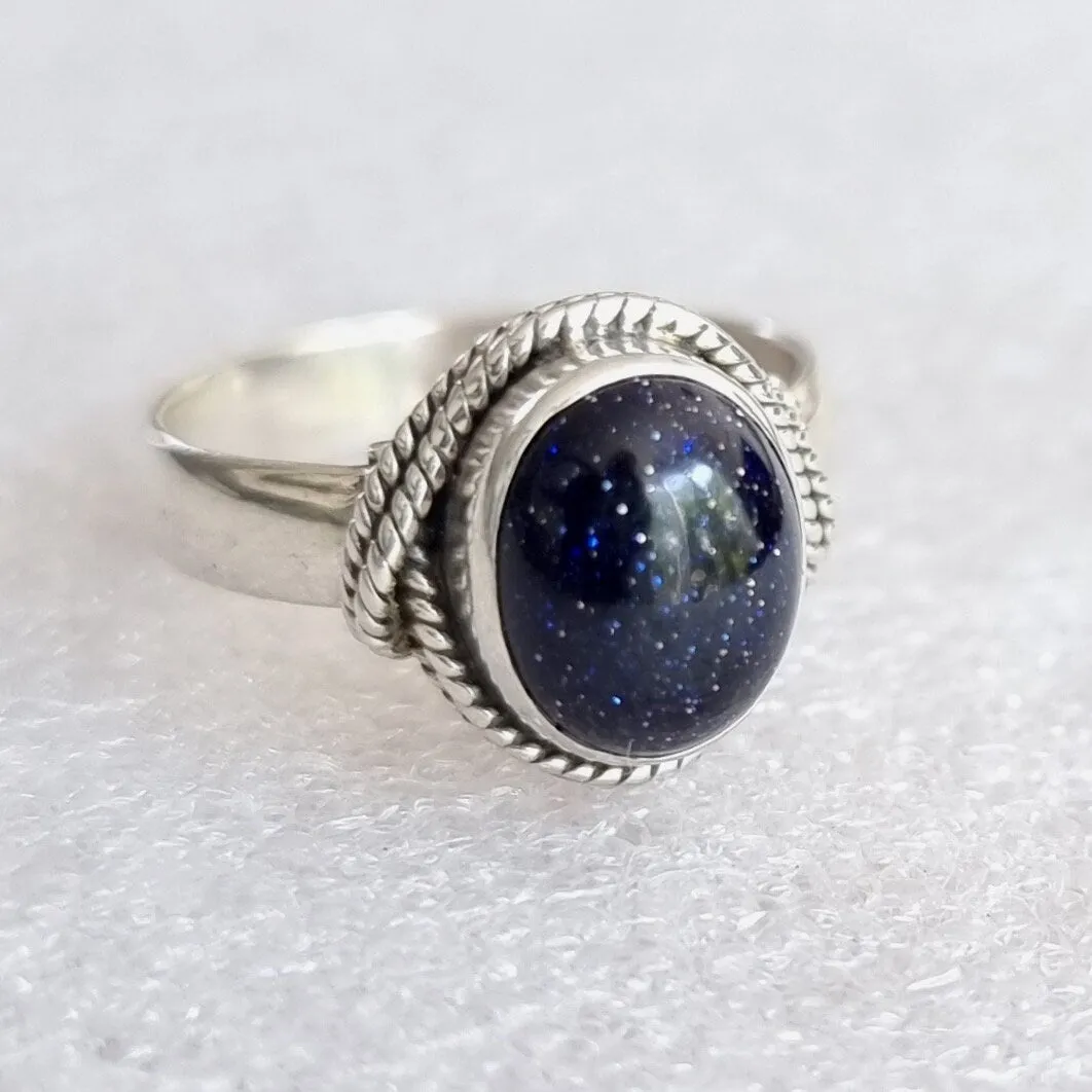 Blue Goldstone Oval Boho 925 Silver Ring, R4BS