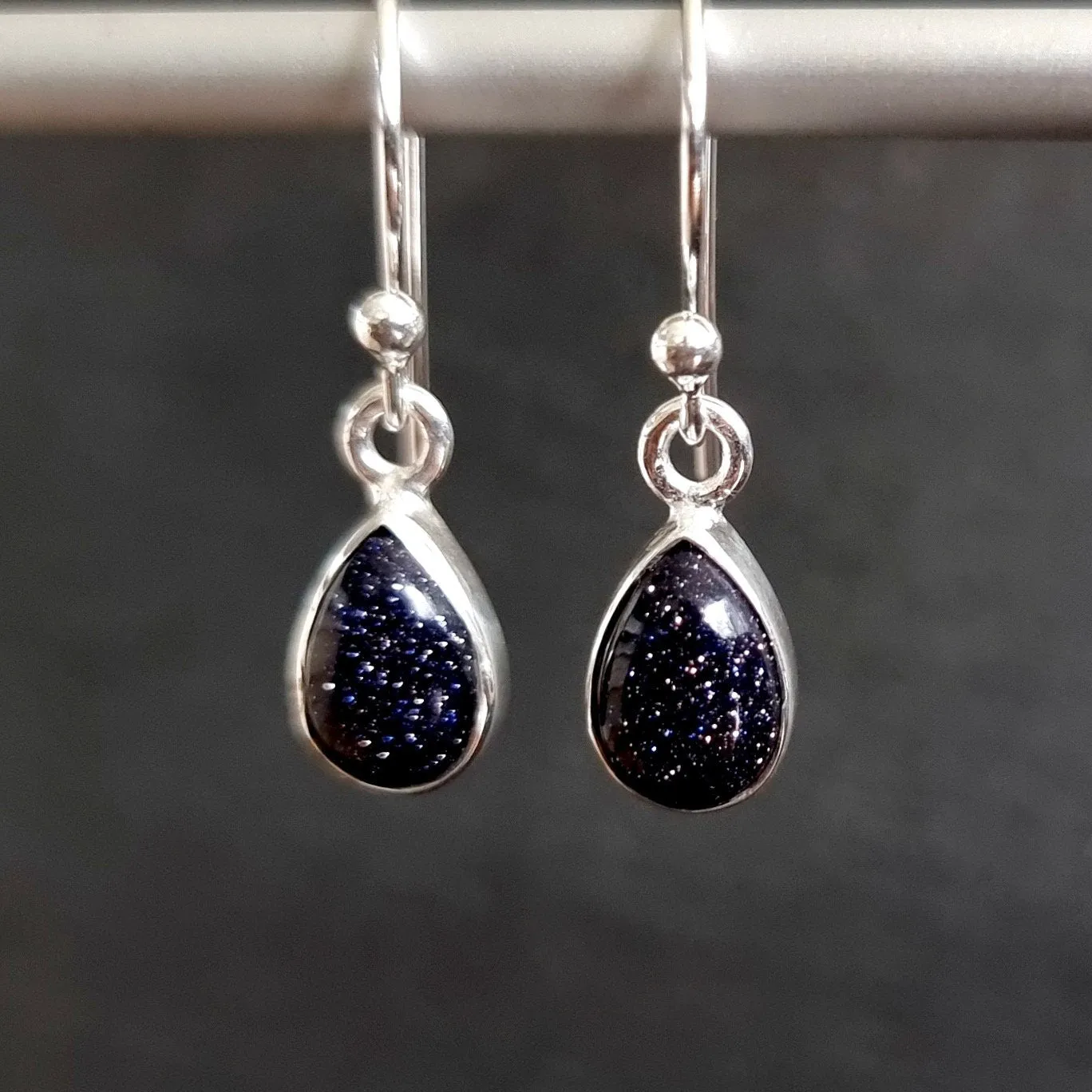 Blue Goldstone Teardrop 9mm x 7mm 925 Silver Earrings, E5BS