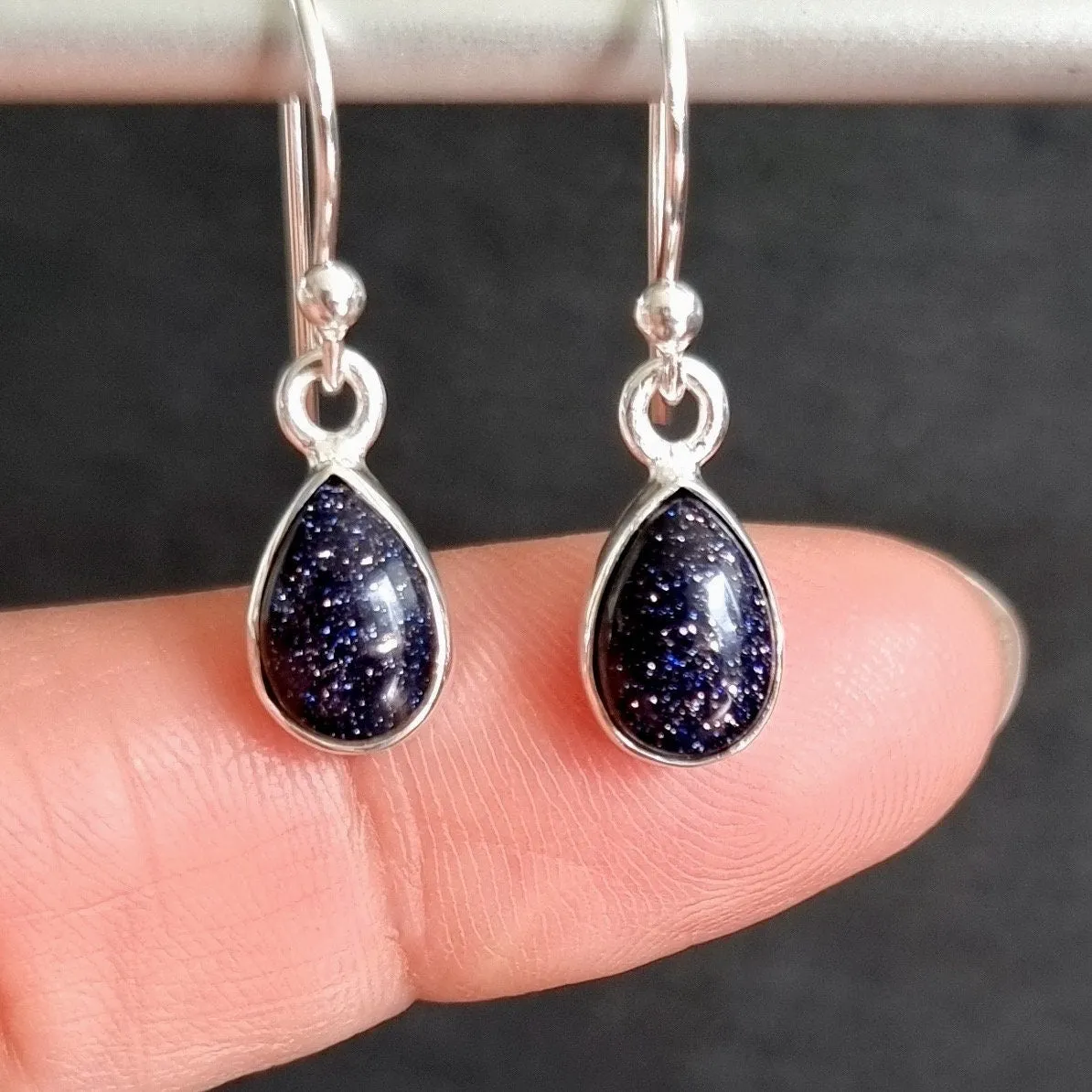 Blue Goldstone Teardrop 9mm x 7mm 925 Silver Earrings, E5BS