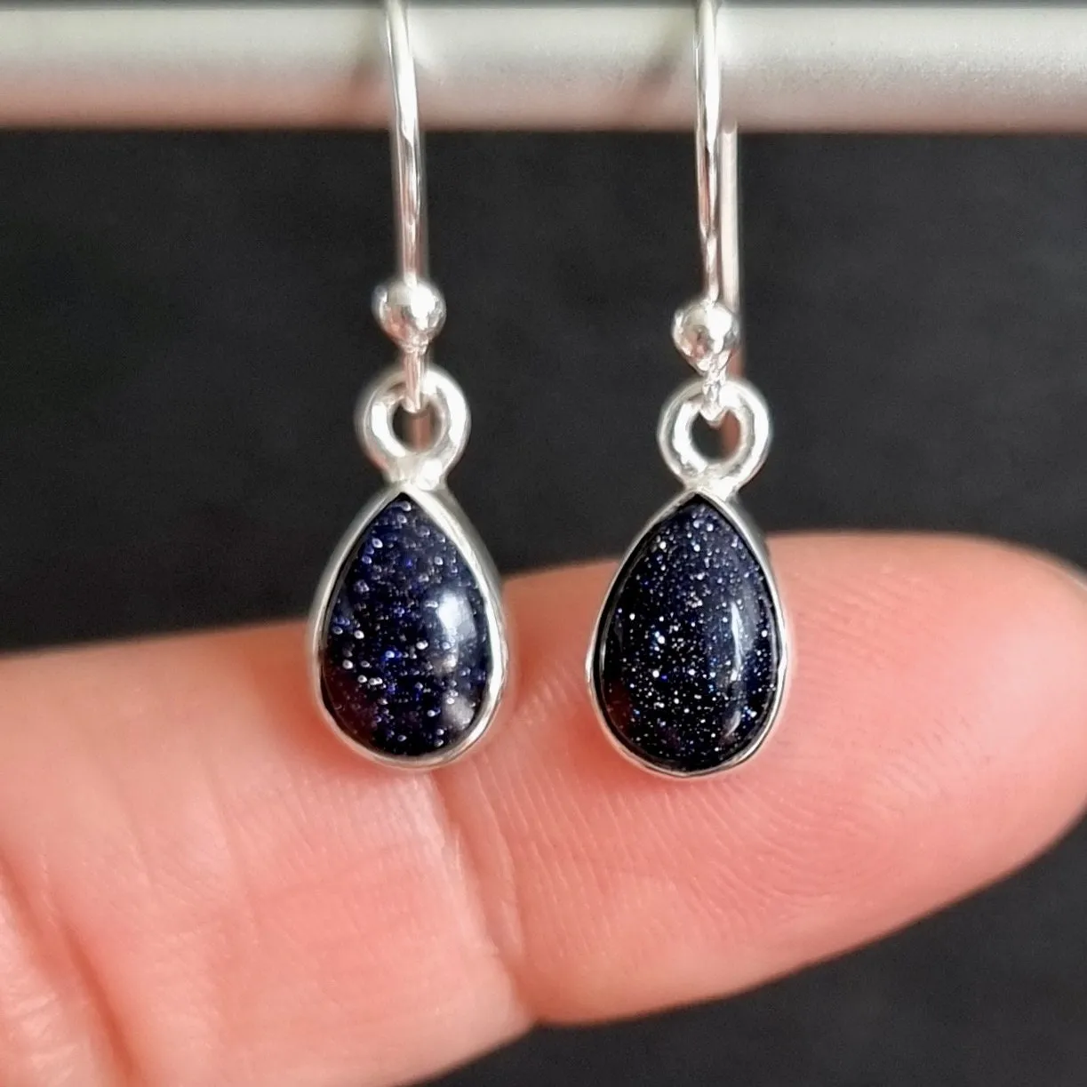 Blue Goldstone Teardrop 9mm x 7mm 925 Silver Earrings, E5BS