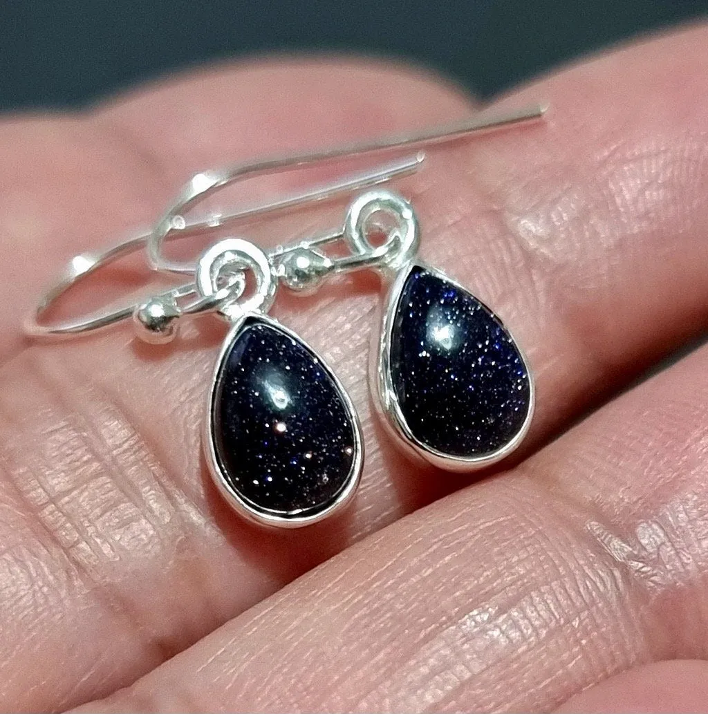 Blue Goldstone Teardrop 9mm x 7mm 925 Silver Earrings, E5BS