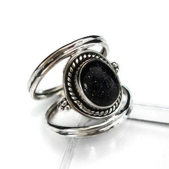 Boho Oval Blue Goldstone 925 Sterling Silver Ring, R29BS