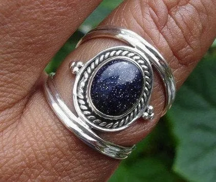 Boho Oval Blue Goldstone 925 Sterling Silver Ring, R29BS