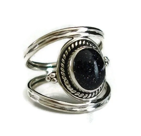 Boho Oval Blue Goldstone 925 Sterling Silver Ring, R29BS