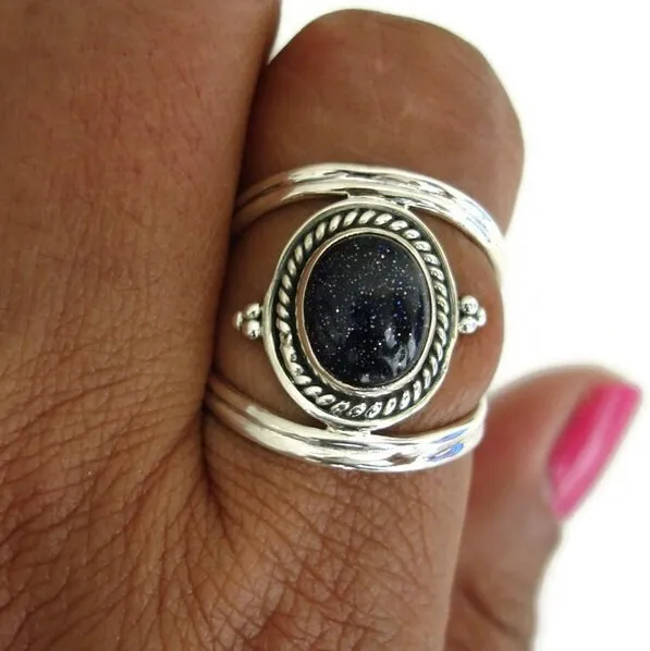 Boho Oval Blue Goldstone 925 Sterling Silver Ring, R29BS
