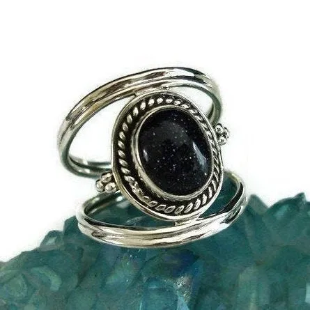 Boho Oval Blue Goldstone 925 Sterling Silver Ring, R29BS