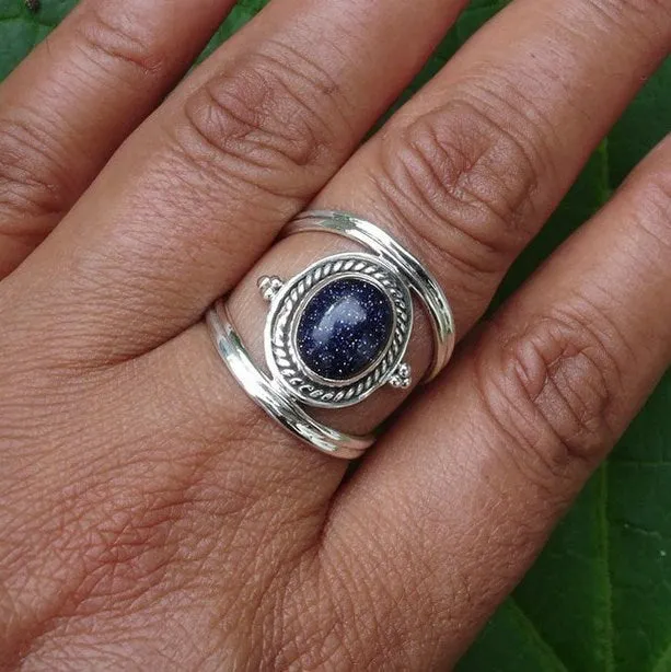 Boho Oval Blue Goldstone 925 Sterling Silver Ring, R29BS