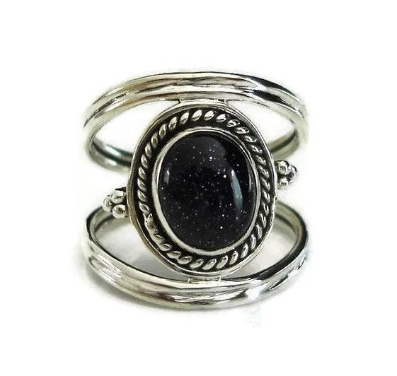 Boho Oval Blue Goldstone 925 Sterling Silver Ring, R29BS