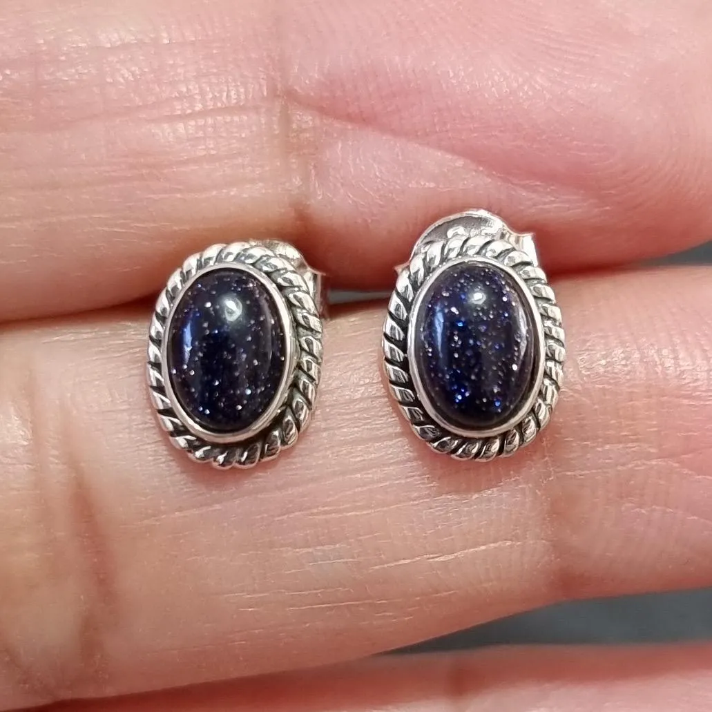 Boho Oval Blue Goldstone Stud Earrings, 925 Sterling Silver, S4BS