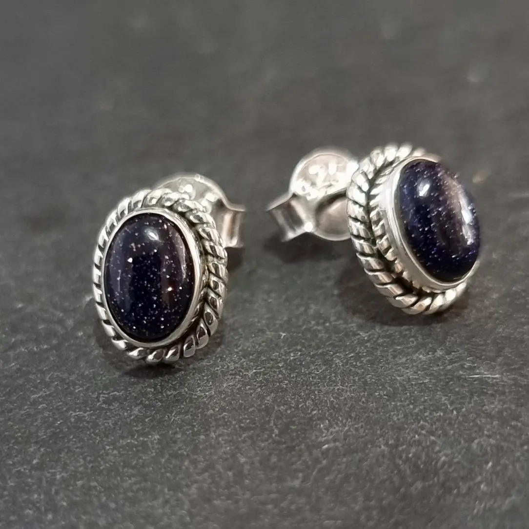 Boho Oval Blue Goldstone Stud Earrings, 925 Sterling Silver, S4BS