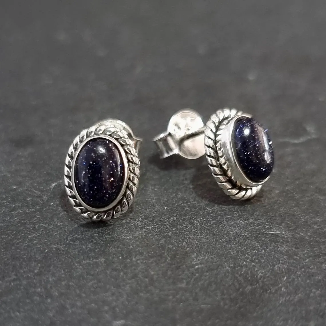 Boho Oval Blue Goldstone Stud Earrings, 925 Sterling Silver, S4BS