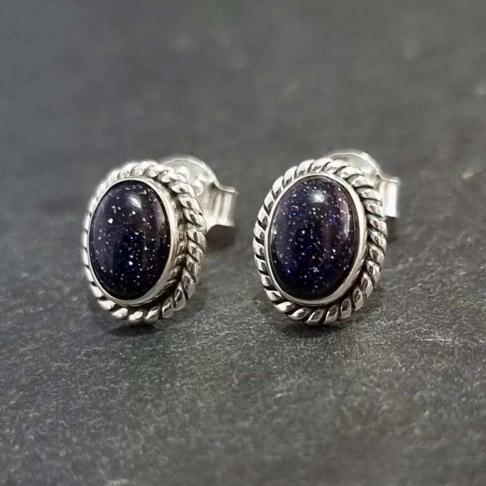 Boho Oval Blue Goldstone Stud Earrings, 925 Sterling Silver, S4BS